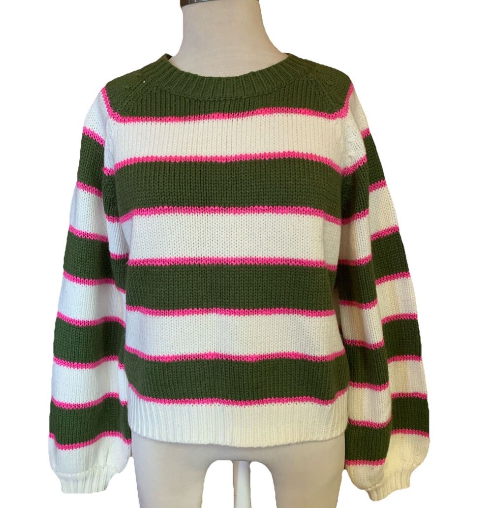 &Merci Striped Crewneck Sweater Pink/Grn Medium Nautical Beachy Cropped Coastal